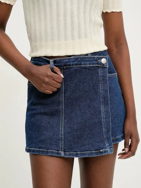Дънкова пола-панталон Answear Lab с изчистен дизайн с висока талия тъмносиньо