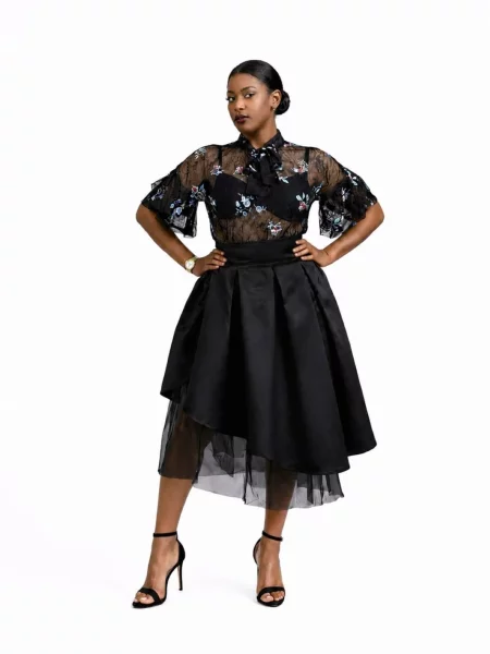 BIBI SAKALIEVA Fustă Black Pleated Midi Skirt with Asymmetric Hem and Tulle' negru