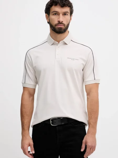 Тениска с яка Armani Exchange бежово с изчистен дизайн бяло