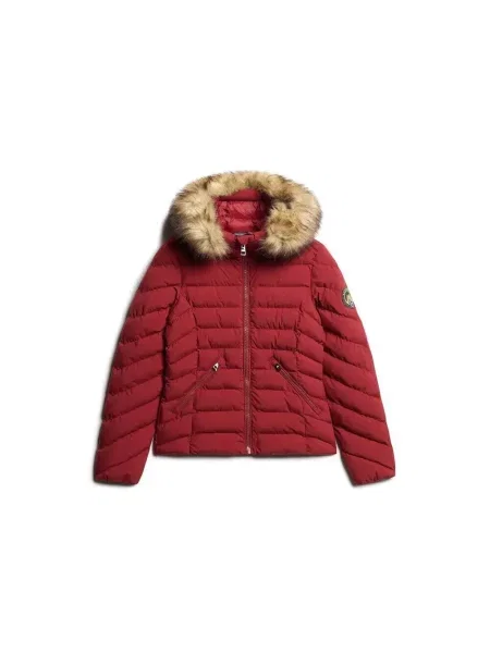 Kurtka puchowa z kapturem i sztucznym futrem Superdry Fuji czerwona