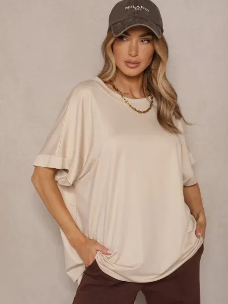 T-shirt z Wiskozą o Fasonie Nietoperza Tanalitha beżowy