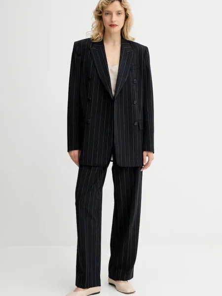 Rag & Bone spodnie z dodatkiem wełny proste high waist granatowy