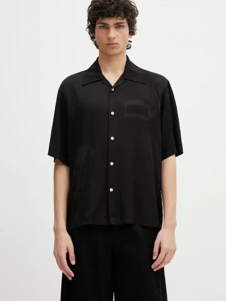 Košulja Aries Ancient Column Satin Viscose Hawaiian Shirt relaxed s klasičnim ovratnikom crna