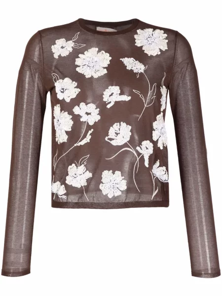 Dzianinowy top Tory Burch w kwiatki brązowy