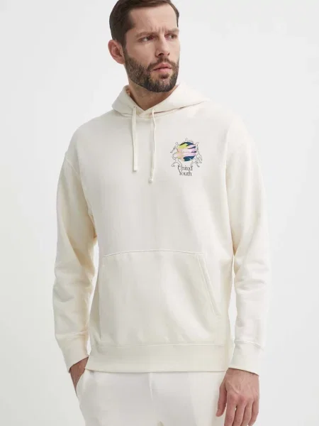 Bombažen pulover Puma s kapuco bež