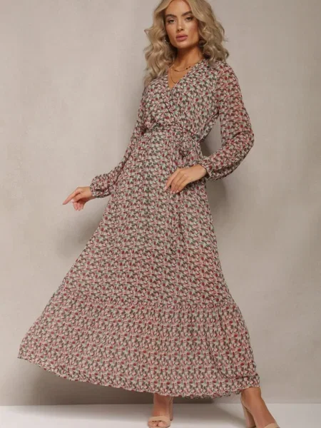 Rochie verde-roșie înfășurată cu volan și cordon Gjerana roșu