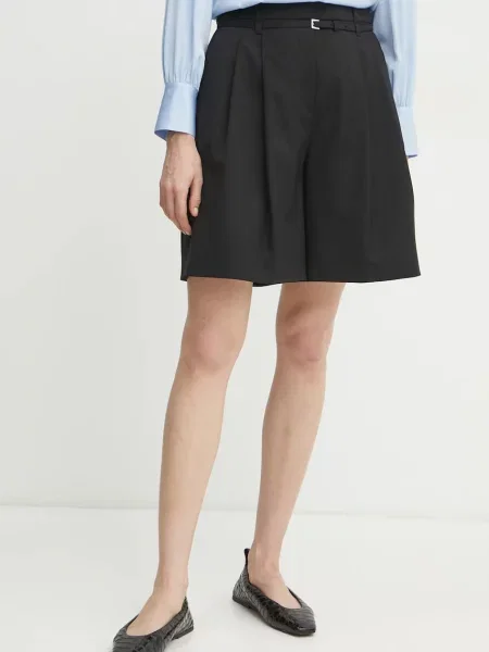 BOSS pantaloni scurți din lână femei neted high waist negru