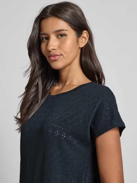 T-shirt o luźnym kroju z ażurowej dzianiny Tom Tailor granatowa