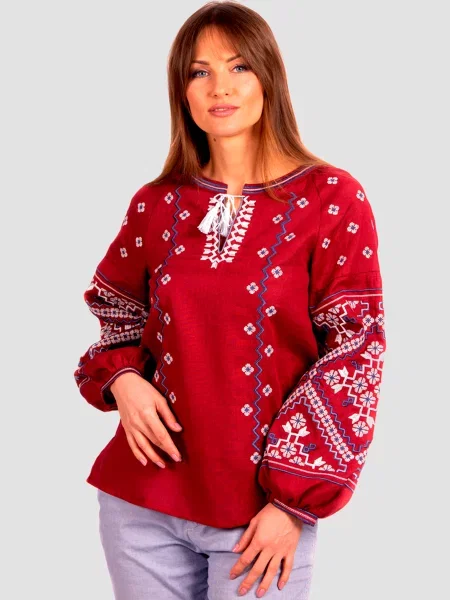 Лляна Вишита сорочка Folk Moda бордовий