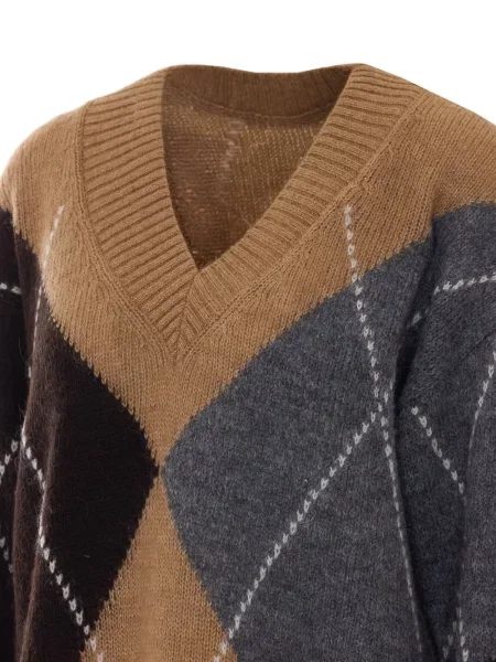 Pulover Alpha Studio cu decolteu în V cu model argyle maro