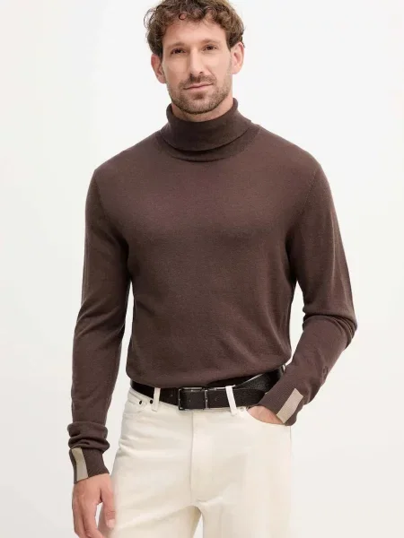 Mos Mosh sweter z dodatkiem wełny ADAM lekki z golferm brązowy