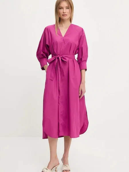 Answear Lab sukienka midi rozkloszowana różowy