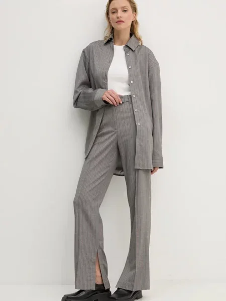 Штани Remain Herringbone Slim Pants широкі висока посадка сірий