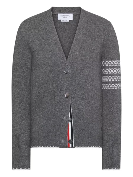 Cardigan Thom Browne cu dungi cu decolteu în V gri