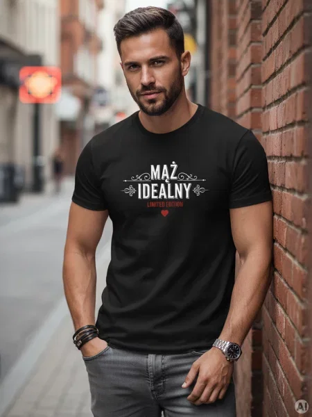 T-shirt z nadrukiem Mąż Idealny czarny