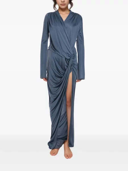 Rochie maxi Atlein cu decolteu în V drapată de costum albastru