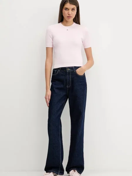 Tommy Jeans pulover s kratkimi rokavi bombažen roza