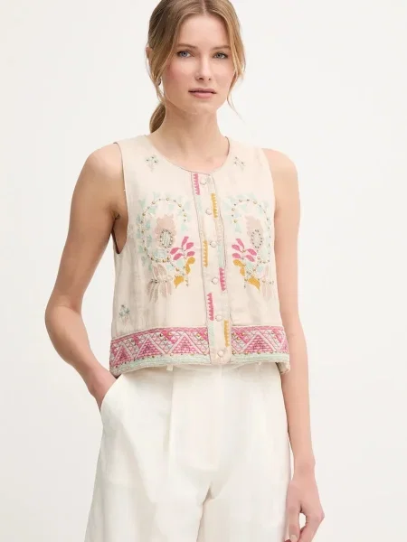 Елек с лен Hoss Intropia с едно копче бежово