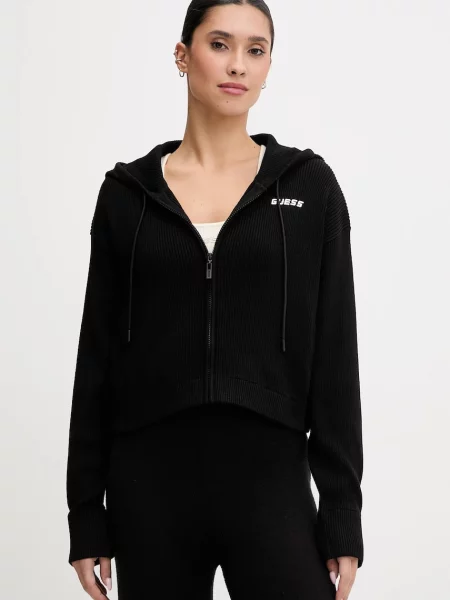 Guess bluza z domieszką wełny FLAMINIA z kapturem gładka czarny