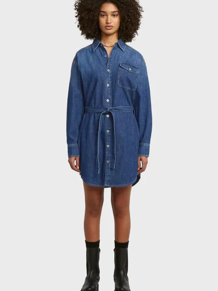 Джинсова сукня G-star Raw з поясом синя