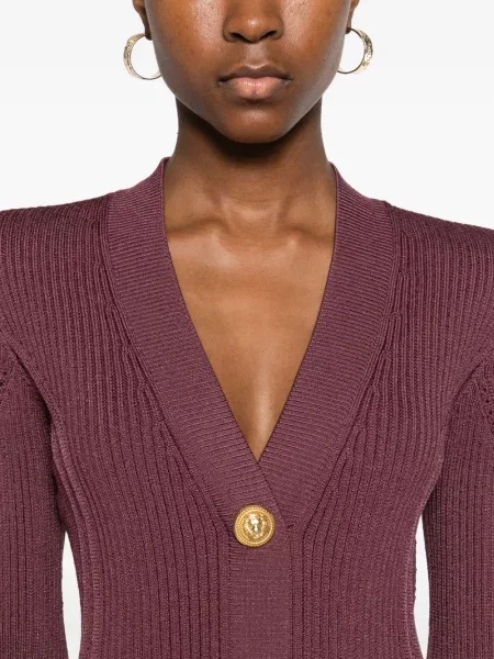 Rochie mini Balmain tricotate cu decolteu în V de costum violet