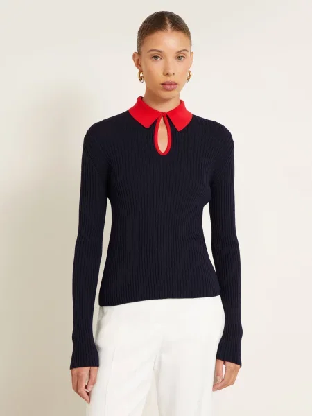 Jil Sander Pletená Polokošile tmavě modrá červená