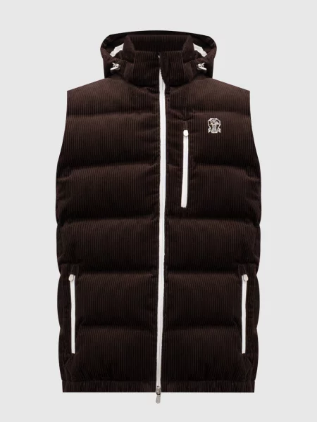 Вельветовий пуховий жилет з вишивкою емблеми Brunello Cucinelli коричневий