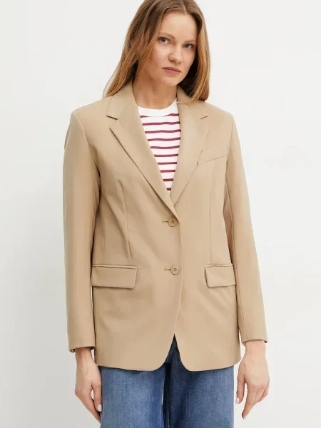 Вълнено сако Weekend Max Mara зелено с едно копче с изчистен дизайн бежово