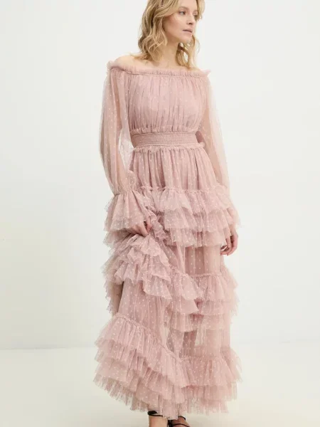 Рокля Answear Lab дълга разкроена бежово