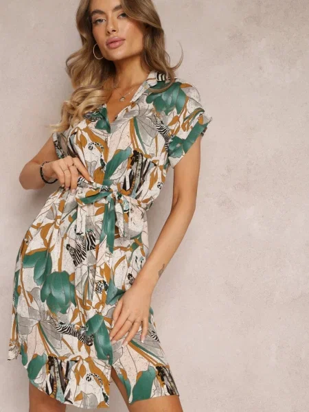 Rochie Cămașă Verde-Bej cu Imprimeu Exotic și Legare în Talie Cerbia bej