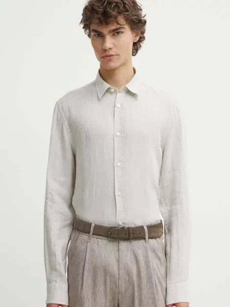 Ленена риза Tiger Of Sweden Spenser с кройка по тялото с класическа яка бежово