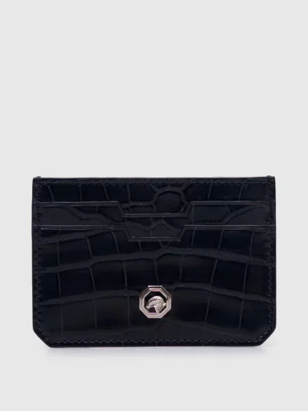 Глянцевий картхолдер зі шкіри крокодила з металевим логотипом Stefano Ricci синій