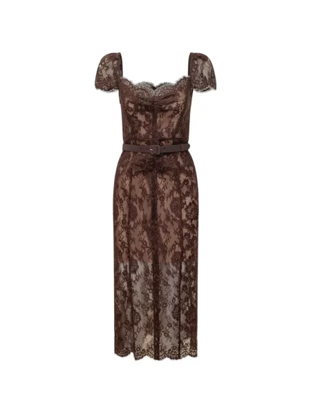 Cu centură rochie midi Self-portrait cu model floral din dantelă maro