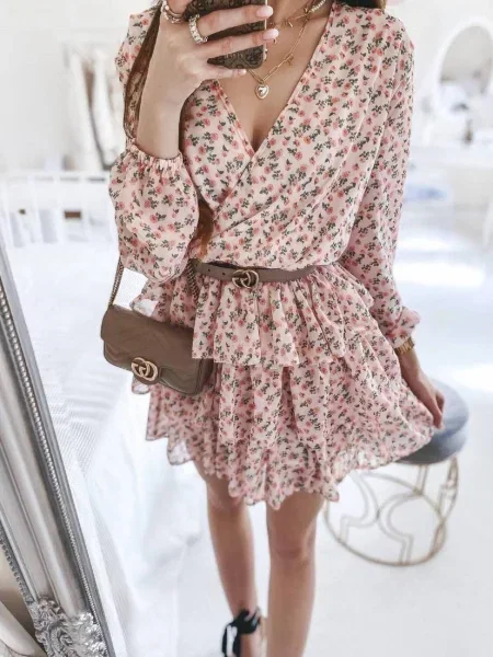 Rochie mini La Perla cu perle cu model floral roz