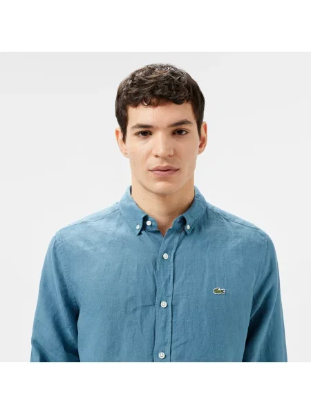 Lacoste Lniana Koszula Button-Down Regular Fit niebieska