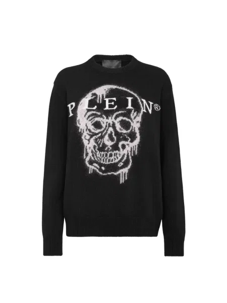 Sweter Philipp Plein wełniany z okrągłym dekoltem czarny