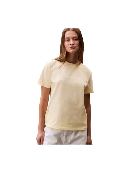 Krótka koszulka Calvin Klein z krótkim rękawem z okrągłym dekoltem beżowa