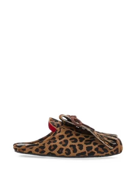 Papuci tip mules Plan C cu franjuri cu model leopard maro