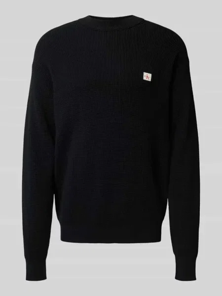 Sweter z dzianiny z fakturowanym wzorem i okrągłym dekoltem Calvin Klein Jeans czarny