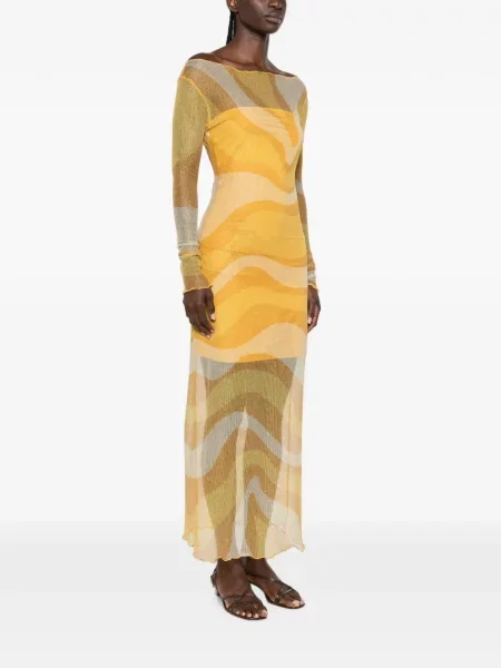 Lung rochie midi Cala De La Cruz plasă de plasă galben