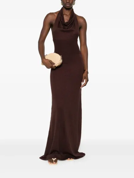Rochie maxi Aya Muse cu gât halter de costum maro