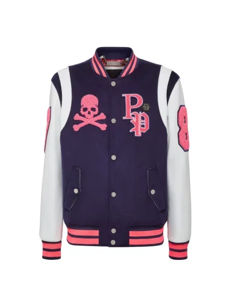 Kurtka skórzana Philipp Plein z łatami niebieska