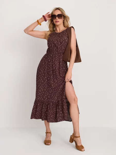 Міді сукня в горошок з воланом темно коричневий