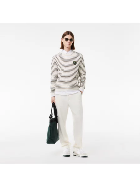Lacoste Sweter Z Okrągłym Dekoltem I Bawełnianą Naszywką W Paski