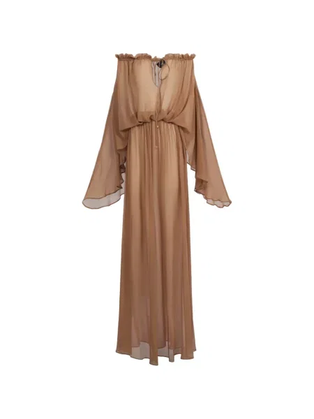 Rochie maxi Taller Marmo de mătase cu umerii deschiși maro