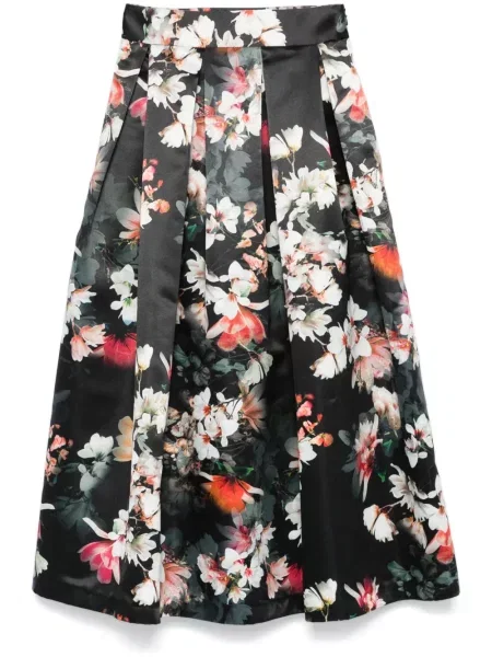Fustă midi Nissa cu model floral cu imagine până la genunchi negru