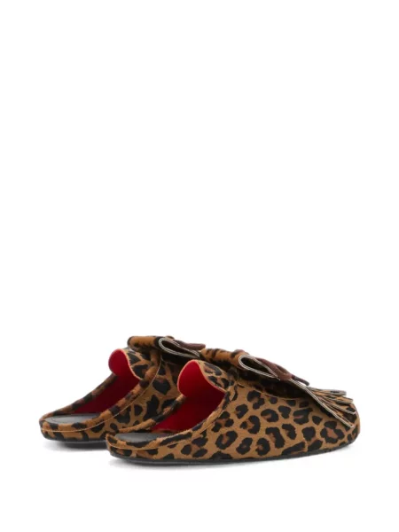 Papuci tip mules Plan C cu franjuri cu model leopard maro