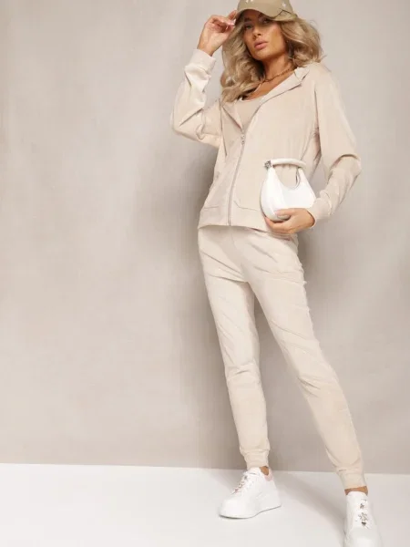 Deschis catifelat complet trening hanorac cu glugă și pantaloni drepți Arislo bej