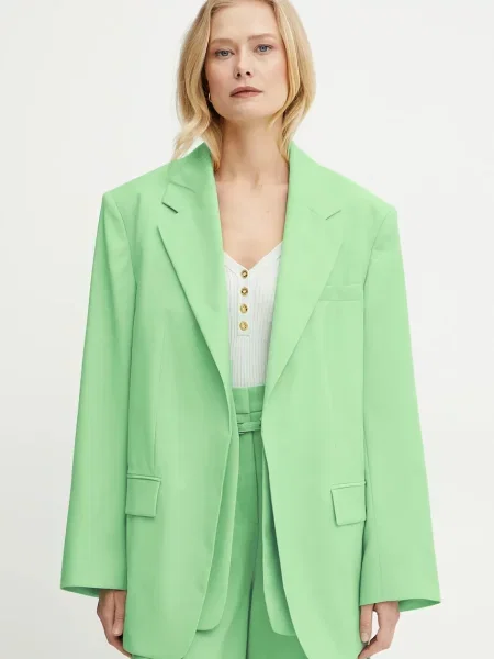 Вълнено сако BOSS без закопчаване с изчистен дизайн зелено