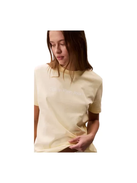 Krótka koszulka Calvin Klein z krótkim rękawem z okrągłym dekoltem beżowa
